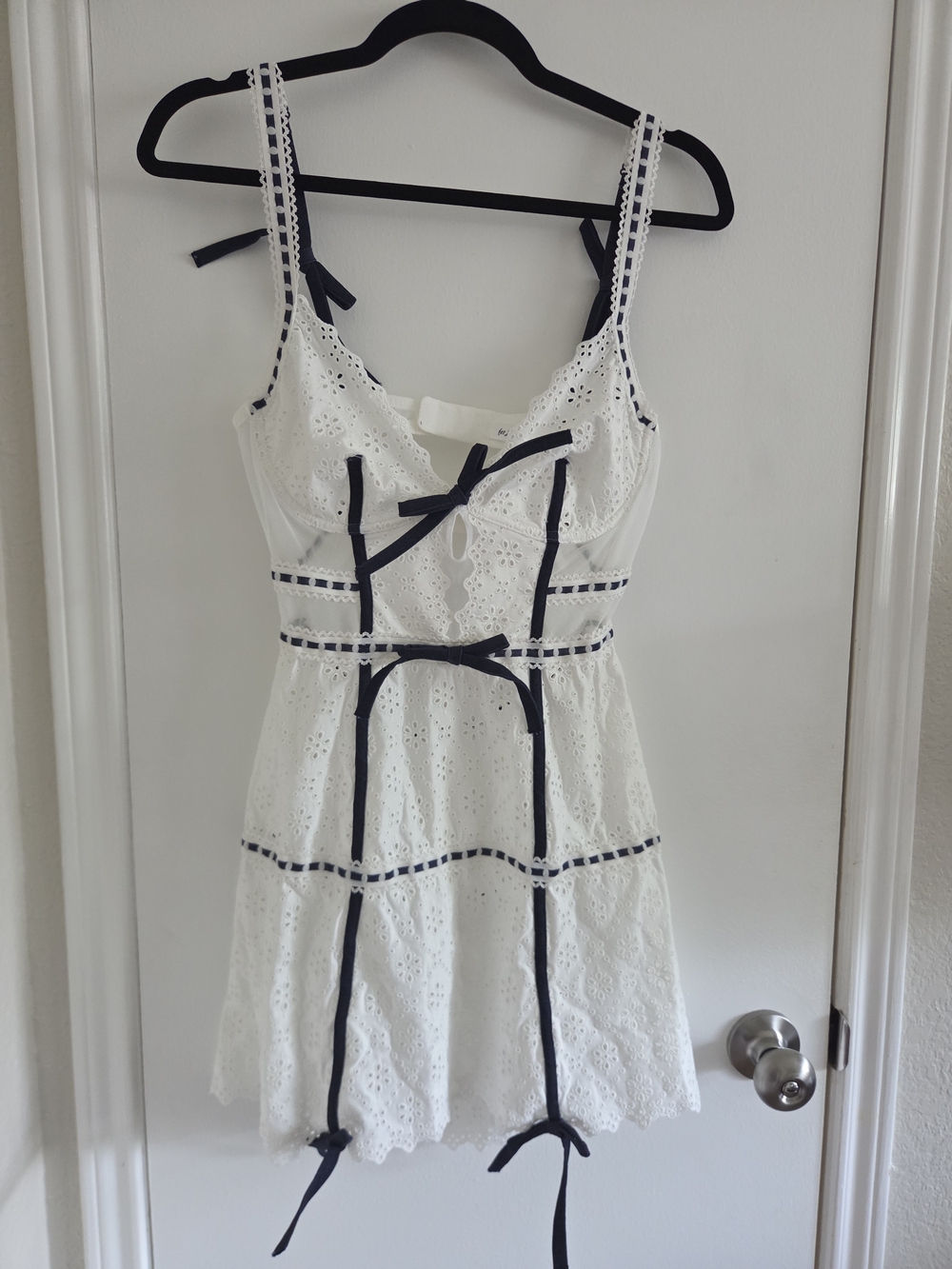 For Love & Lemons White Eyelet Mini Dress Lingerie with Denim Trim